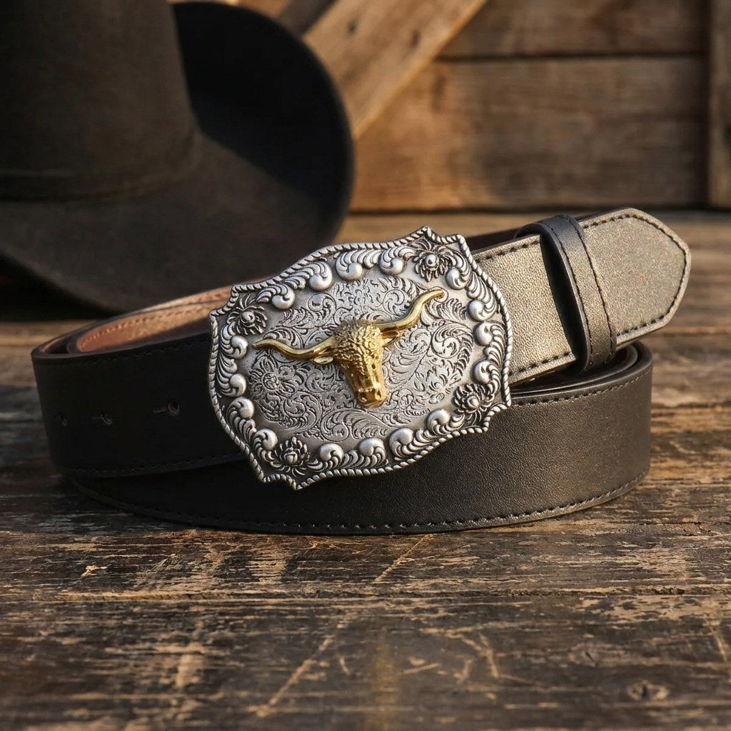 Black longhorn buckle Western belt coiled on weathered ranch wood beside a blurred black felt cowboy hat