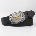 Black Western belt with a large antique silver filigree buckle centered on a gold longhorn steer head, shown flat