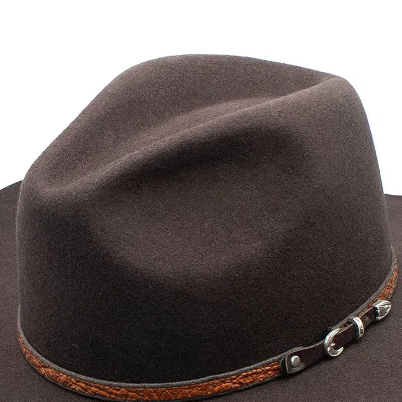 Close-up of the Dallas hat's pinched drifter crown and wool felt texture