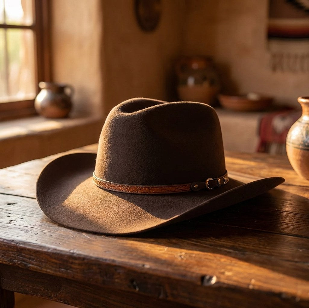 Sierra Oro Dallas brown wool felt western drifter hat styled on a rustic wood table in warm hacienda light