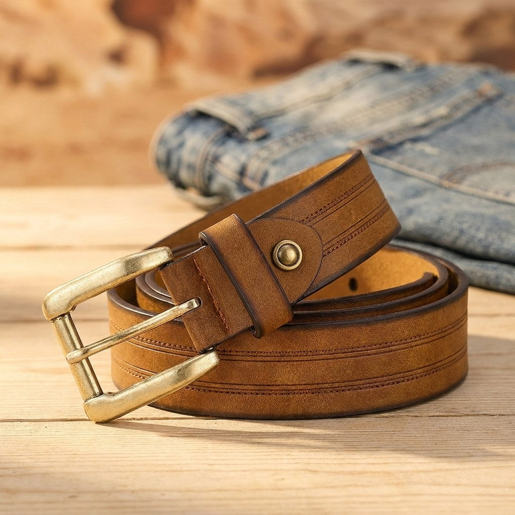 Brown and tan tooled Western belt coiled on rustic wood with blurred denim in a warm western setting