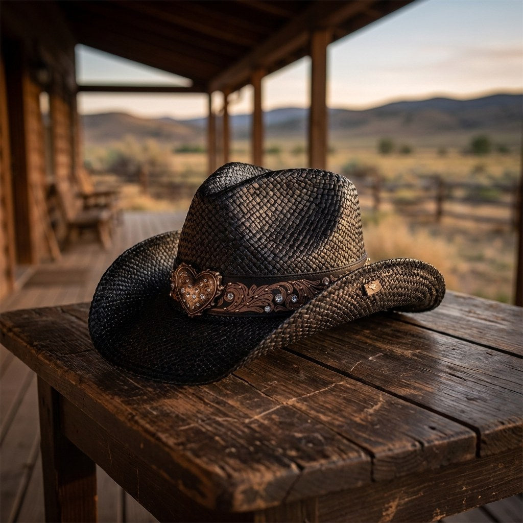 Sierra Oro Flint black straw western drifter hat with heart concho band on a rustic ranch porch