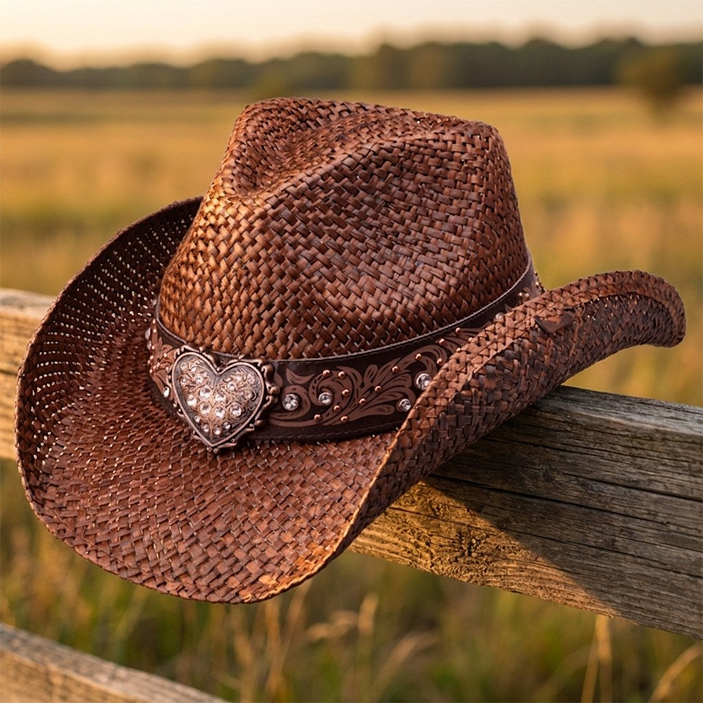 Sierra Oro Flint dark brown straw western drifter hat with heart concho band on a wooden fence at golden hour