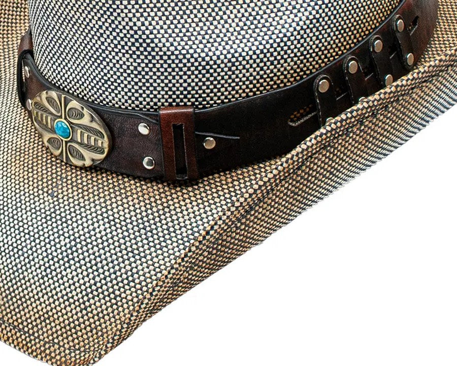 Close-up of the Gaytan hat's studded leather band and turquoise concho on woven toyo straw