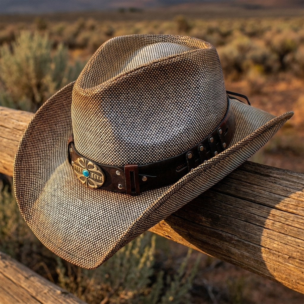 Sierra Oro Gaytan toyo straw western hat with studded turquoise-concho band on a ranch fence in golden light