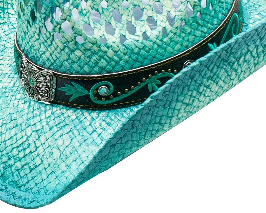 Close-up of the Jasmin hat's black butterfly band with silver concho on teal toyo straw