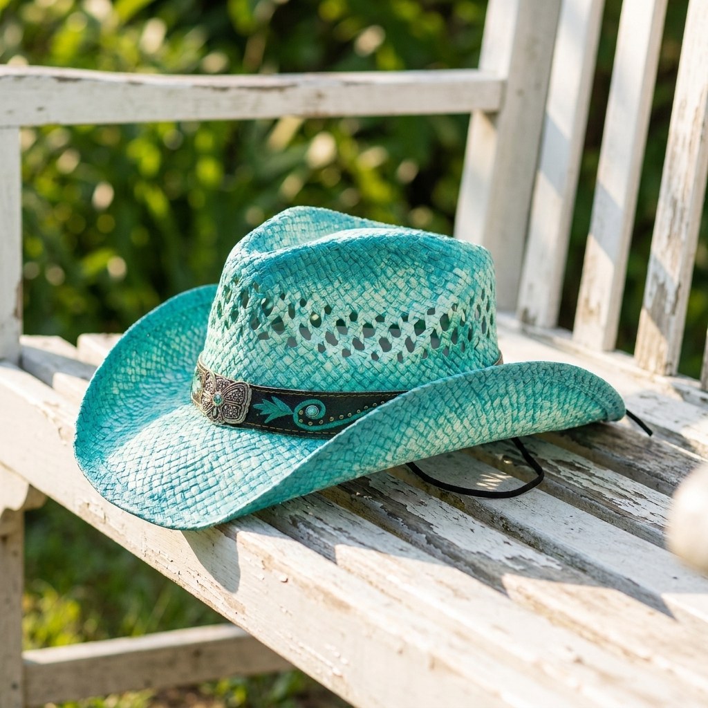 Sierra Oro Jasmin teal toyo straw western drifter hat with butterfly band styled on a whitewashed garden bench in morning light