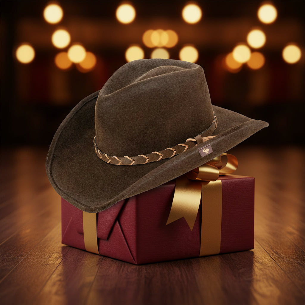 Sombrero vaquero Villy cafe sobre caja de regalo