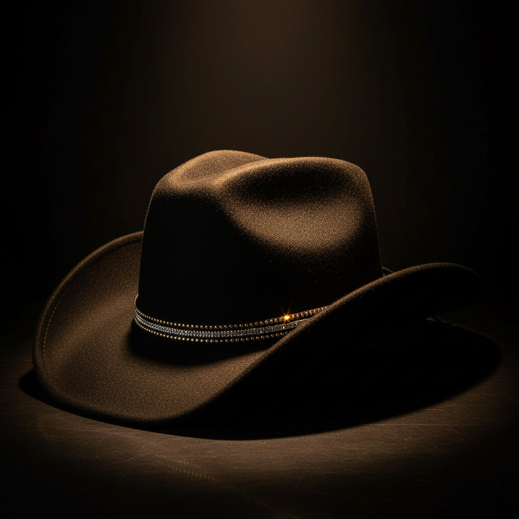 Sombrero vaquero Reina negro bajo luz calida