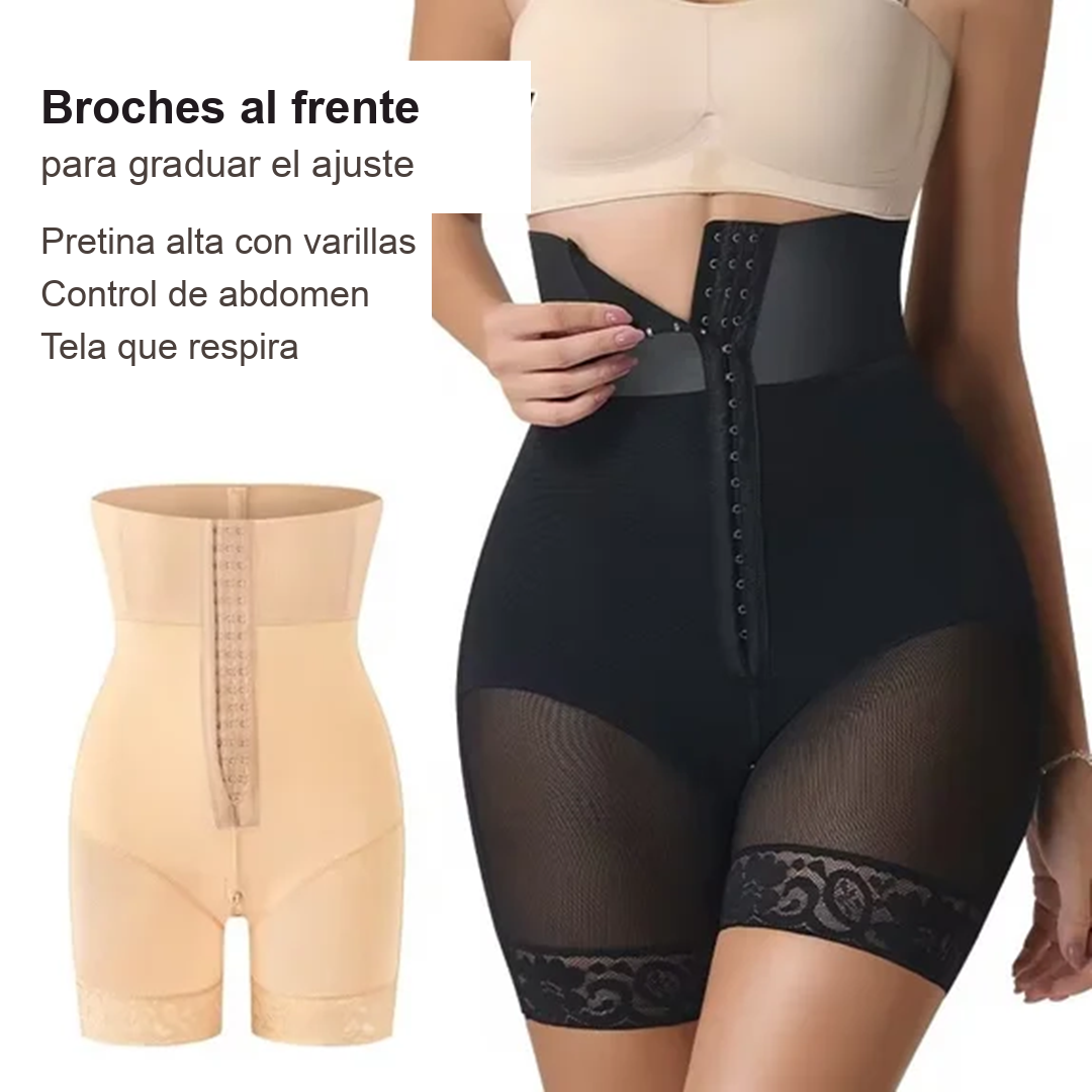 Broches al frente para graduar el ajuste, pretina alta con varillas