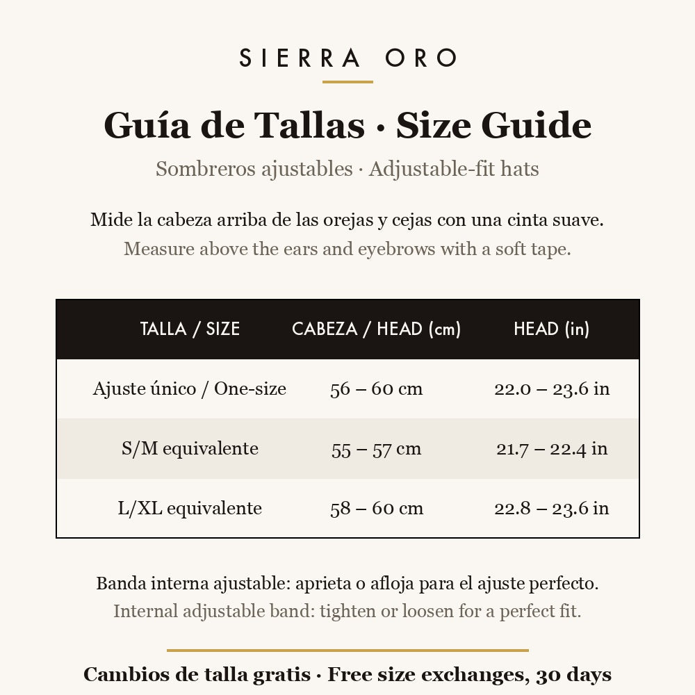 Guia de tallas sombreros Sierra Oro hat size guide