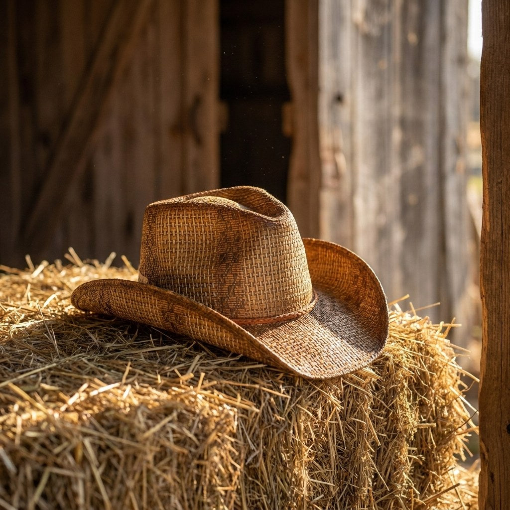 Sierra Oro Stride distressed toyo straw western hat with braided band on a hay bale in a sunlit barn