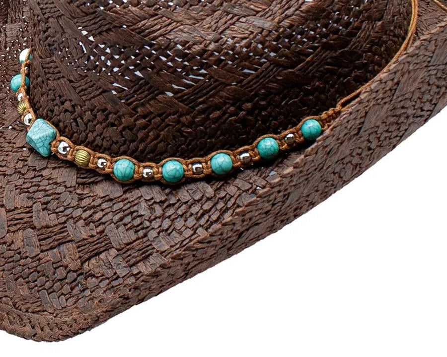 Close-up of the Tizoc hat's turquoise beaded band on dark brown toyo straw weave