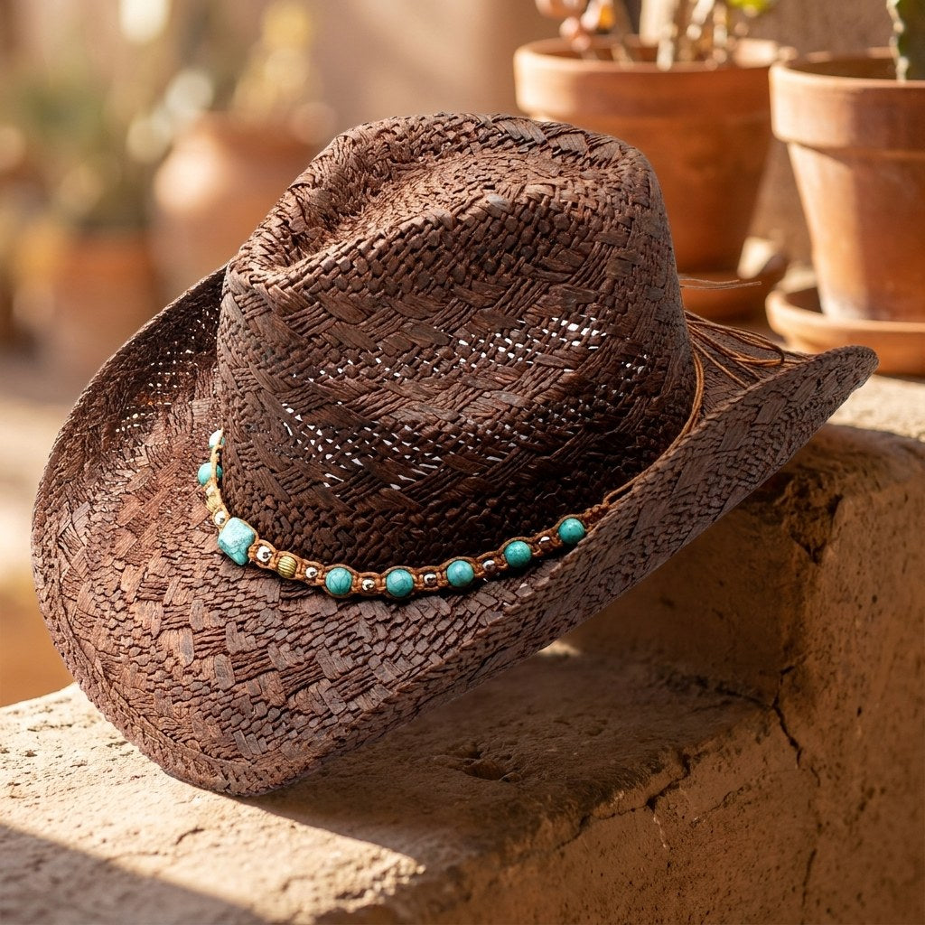 Sierra Oro Tizoc brown toyo straw western drifter hat with blue beaded band on a sunlit adobe ledge