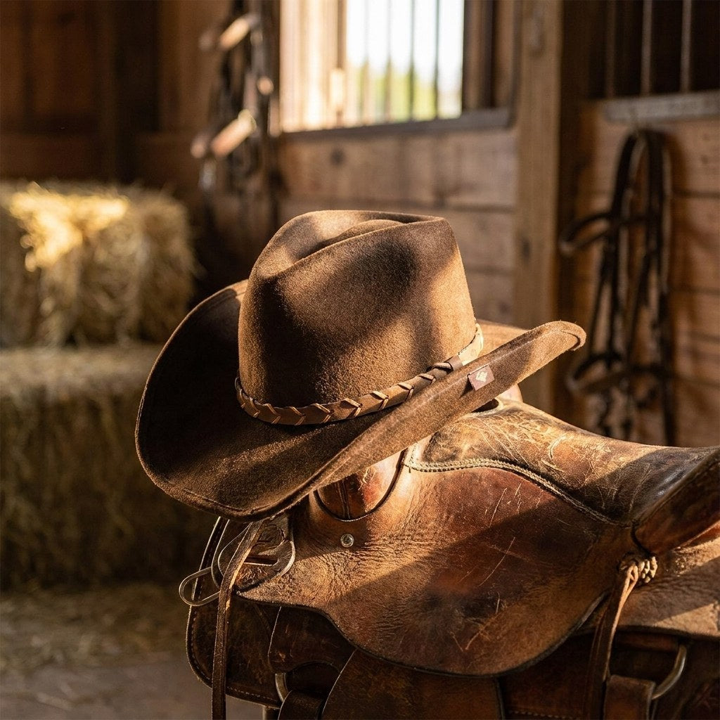 Sierra Oro Villy brown wool felt western drifter hat resting on a leather saddle in a rustic barn