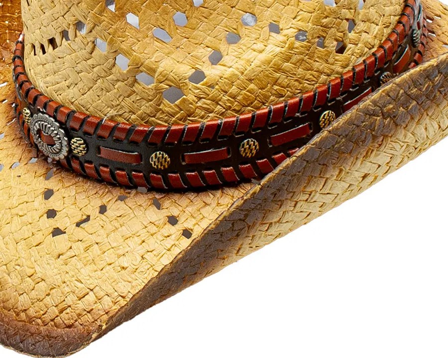 Close-up of the Wilbur hat's red patterned band, silver conchos and diamond straw cutouts