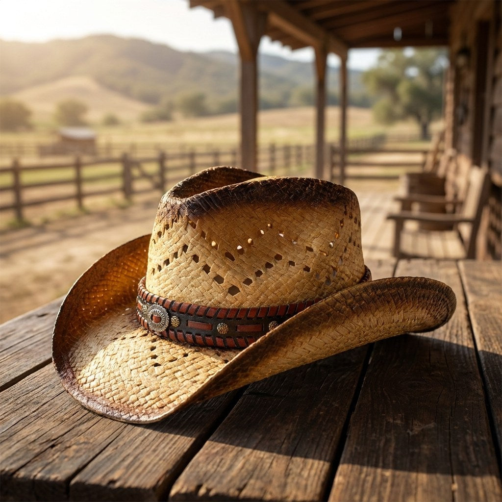 Sierra Oro Wilbur toasted straw western drifter hat with red patterned band on a rustic ranch porch table